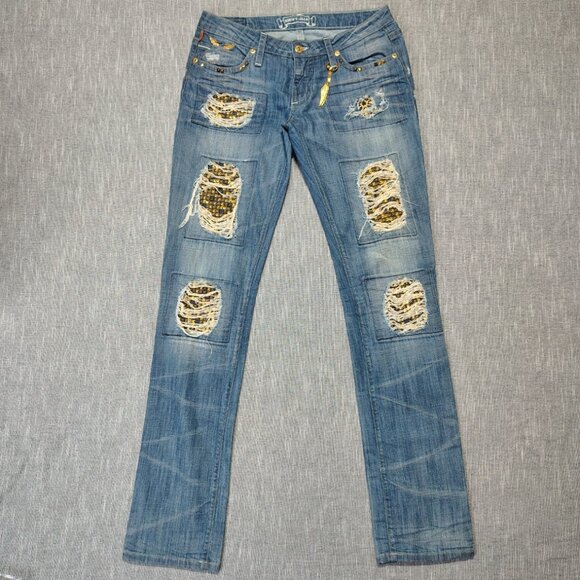 Robins Jean Womens Studded Gypsy Jeans Size 30 Gold Straight Ripped SPAC8072GLD - Picture 1 of 16
